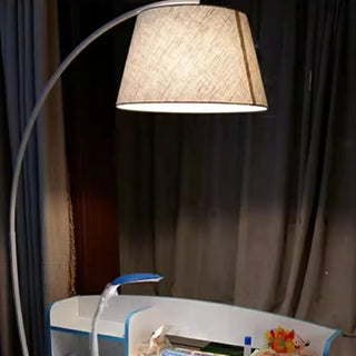 Simple Brown Fabric Cylinder Arched Metal Floor Lamp Image - 10