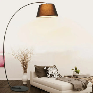 Simple Brown Fabric Cylinder Arched Metal Floor Lamp Image - 2