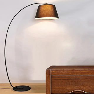 Simple Brown Fabric Cylinder Arched Metal Floor Lamp Image - 3