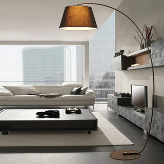 Simple Brown Fabric Cylinder Arched Metal Floor Lamp Image - 4