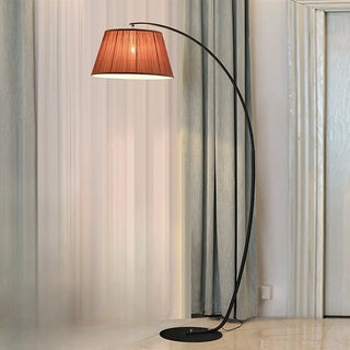 Simple Brown Fabric Cylinder Arched Metal Floor Lamp Image - 7