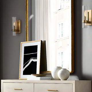 Simple Clear Glass Cylinder Shade Gold Wall Sconce Zawala Image - 3