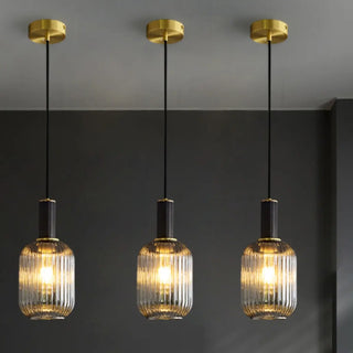 ZOWALA - Modern Ribbed Clear Glass Black Cylinder Pendant Light Image - 2