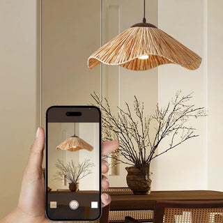 ZOWALA - Oriental Curve Round Rattan Dining Brown Small Pendant Light Image - 10