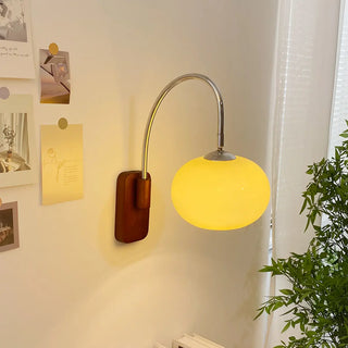 Modern Curved Chrome Arm Drum Wood Wall Sconce Zawala Image - 1
