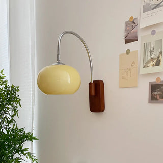 Modern Curved Chrome Arm Drum Wood Wall Sconce Zawala Image - 2