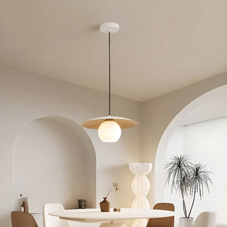 ZOWALA - Modern Wooden Disc Globe Opal Glass UFO Pendant Light Image - 3
