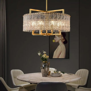 ZOWALA - Modern Drum Textured Glass Gold Metal Chandelier Image - 13