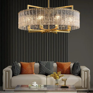 ZOWALA - Modern Drum Textured Glass Gold Metal Chandelier Image - 1