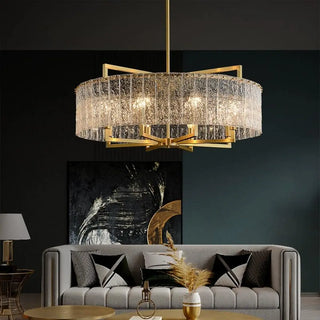 ZOWALA - Modern Drum Textured Glass Gold Metal Chandelier Image - 2