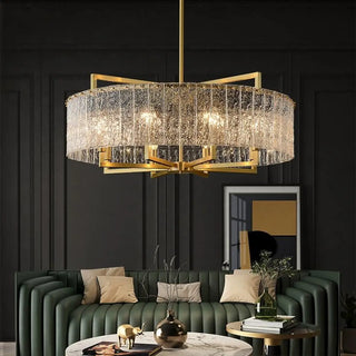 ZOWALA - Modern Drum Textured Glass Gold Metal Chandelier Image - 4