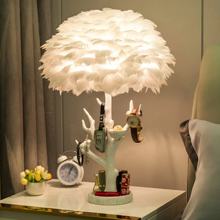 Artistic White Feather Shade Tree Branch Table Lamp Zawala Image - 1