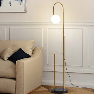 Adjustable Globe Modern Black Arc Floor Lamp with Shelf Zawala Image - 2