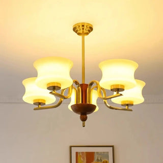 ZOWALA - Mid-Century Brass Gold Large Round White Glass Chandelier Image - 1