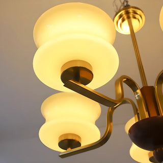 ZOWALA - Mid-Century Brass Gold Large Round White Glass Chandelier Image - 11