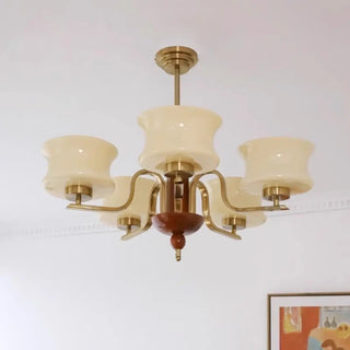 ZOWALA - Mid-Century Brass Gold Large Round White Glass Chandelier Image - 6