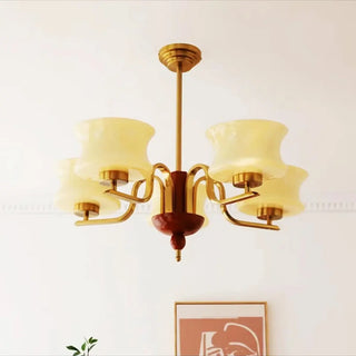 ZOWALA - Mid-Century Brass Gold Large Round White Glass Chandelier Image - 7