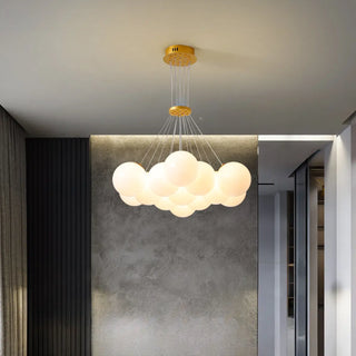 Dining Room White Glass Adjustable Height Bubble Chandelier Image - 3