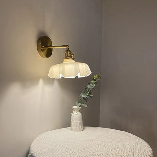 Yellow Scalloped Ceramic Shade Gold Arm Wall Sconce Zawala Image - 1