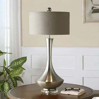 Modern Drum Fabric Shade Metal Vase Base Table Lamp Zawala Image - 4