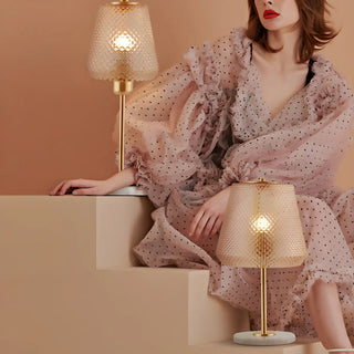 ZOWALA - Elegant White Cone Lattice Glass Stone Base Table Lamp Image - 11