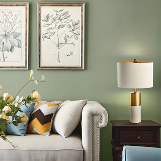 Modern White Cylinder Fabric Shade Stone Table Lamp Zawala Image - 1