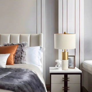 Modern White Cylinder Fabric Shade Stone Table Lamp Zawala Image - 2