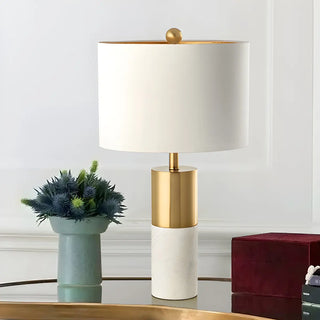 Modern White Cylinder Fabric Shade Stone Table Lamp Zawala Image - 4