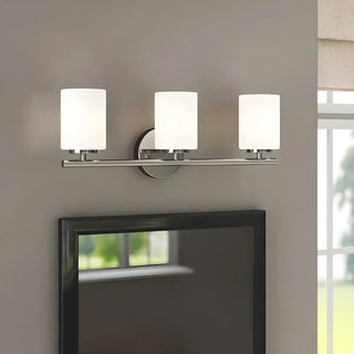 White Simple Cylinder Glass Chrome Vanity Light 3 Bulbs Zawala Image - 4