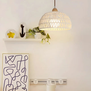 Natural White Woven Rattan Dome Dining Room Pendant Light Zawala Image - 2