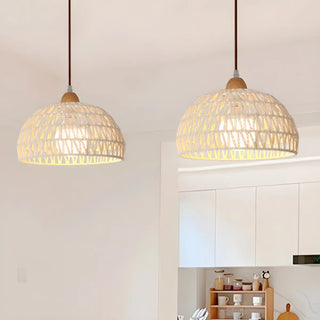 Natural White Woven Rattan Dome Dining Room Pendant Light Zawala Image - 3