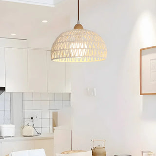 Natural White Woven Rattan Dome Dining Room Pendant Light Zawala Image - 4