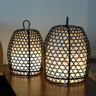 Modish Outdoor Black Woven Cage Metal Floor Lamp Image - 3