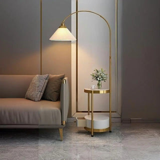 Pleated Cone Modern Arched Floor Lamp with Shelves Zawala Image - 1