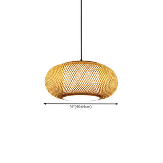 Contemporary Woven Bamboo Wood Color Drum Pendant Light #size