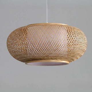 Contemporary Woven Bamboo Wood Color Drum Pendant Light Image - 7