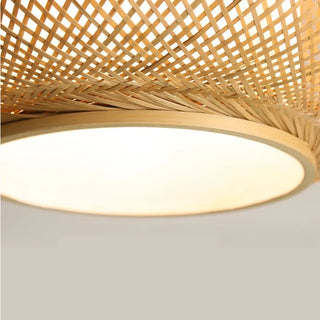 Contemporary Woven Bamboo Wood Color Drum Pendant Light Image - 9