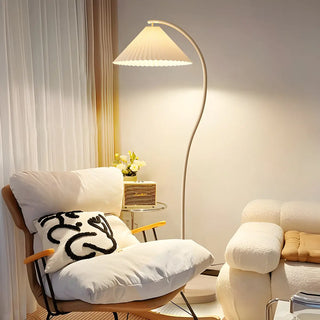 Elegant White Curved Floor Lamp with Pleated Shade Zawala Image - 1