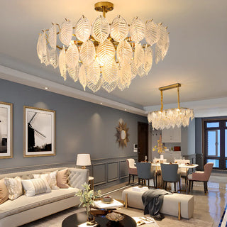 ZOWALA - Clear Glass Leaf Tiered Circle Gold Living Room Chandelier Image - 2
