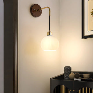 Modern Walnut Wood Ribbed Glass Globe Wall Sconce Zawala Image - 1