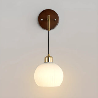 Modern Walnut Wood Ribbed Glass Globe Wall Sconce Zawala Image - 3