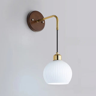 Modern Walnut Wood Ribbed Glass Globe Wall Sconce Zawala Image - 4