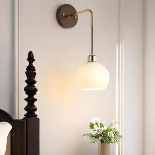 Modern Walnut Wood Ribbed Glass Globe Wall Sconce Zawala Image - 6