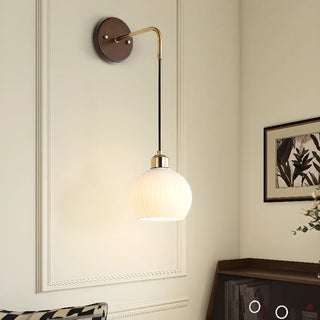 Modern Walnut Wood Ribbed Glass Globe Wall Sconce Zawala Image - 7