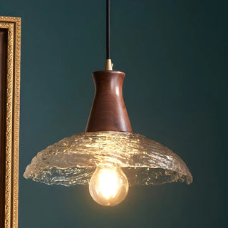 Modern Glass Dome Walnut Wood Pendant Light 1 Bulb Zawala Image - 3