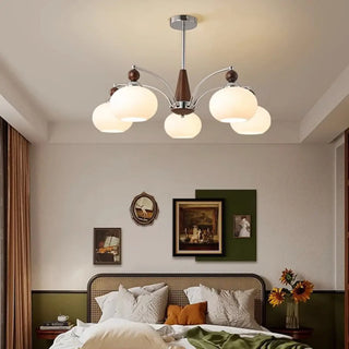 ZOWALA - Modern Walnut White Glass Drum Chandelier Image - 1