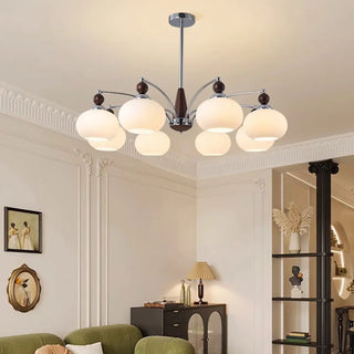 ZOWALA - Modern Walnut White Glass Drum Chandelier Image - 17
