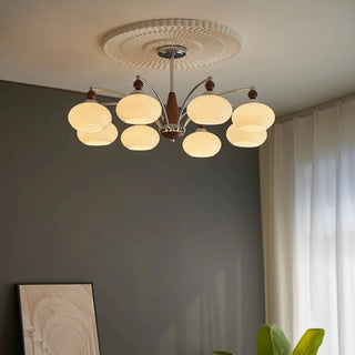 ZOWALA - Modern Walnut White Glass Drum Chandelier Image - 2