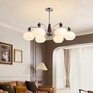 ZOWALA - Modern Walnut White Glass Drum Chandelier Image - 3