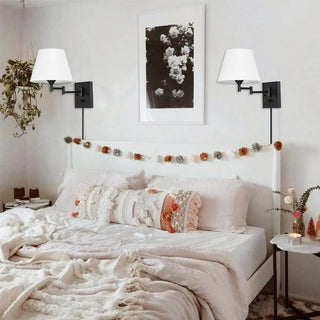 Bedroom Fabric Shade Black Swing Arm Wall Sconce Zawala Image - 1
